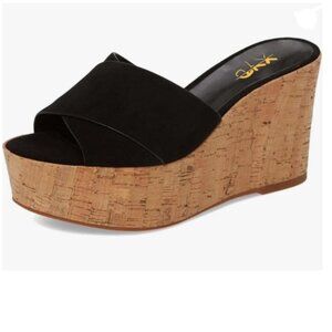 XYD Black Comfy Platform Heel Sandals Crisscross Strappy Cork Wedge Slip on Mule